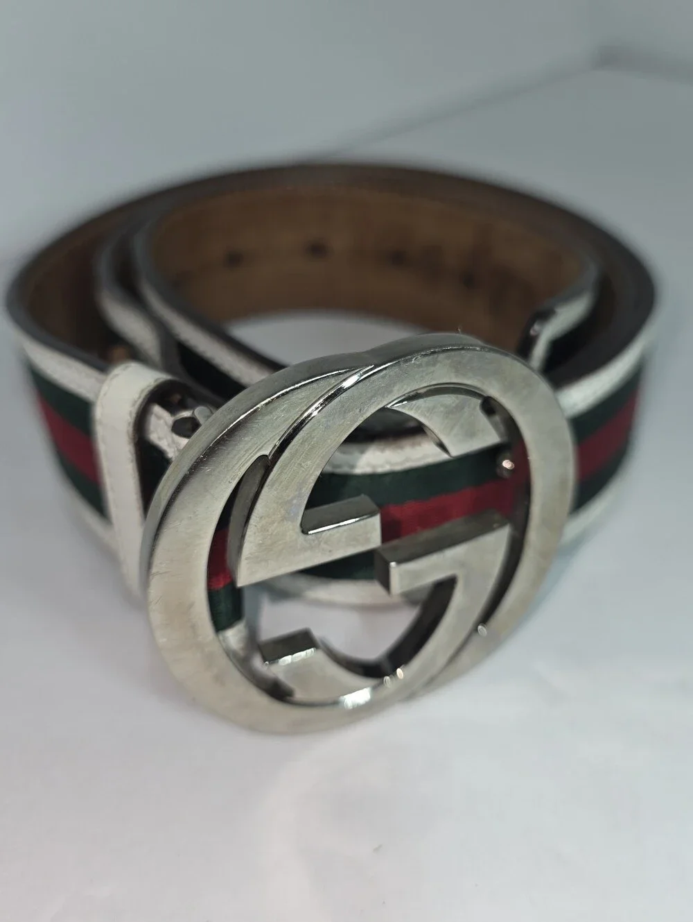 Gucci Interlock GG Leather Belt Web Green, Red, White size 100 40 Authentic Cert